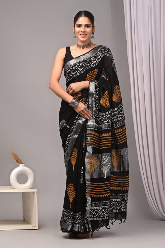 Hand Block Printed Linen Saree With Unstitched Blouse (SWSRLIL01)