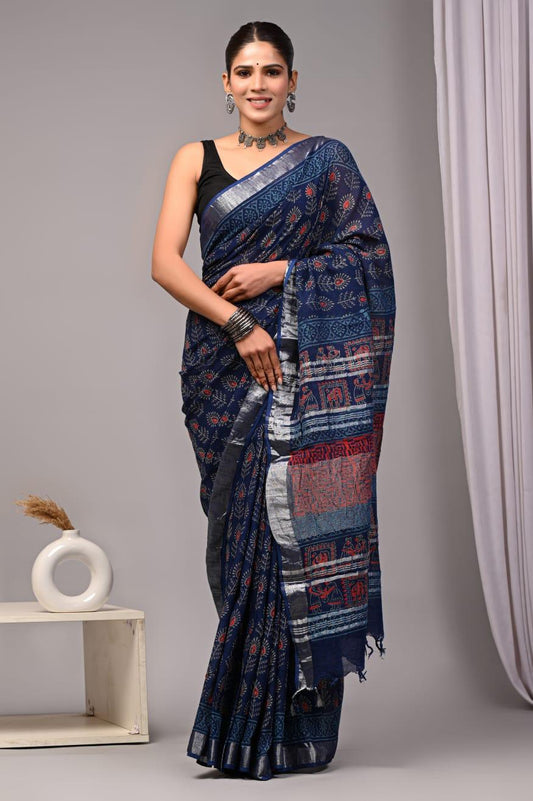 Hand Block Printed Linen Saree With Unstitched Blouse (SWSRLIL01)