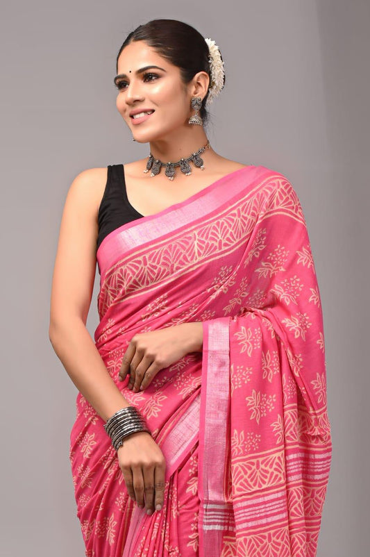 Hand Block Printed Linen Saree With Unstitched Blouse (SWSRLIL01)