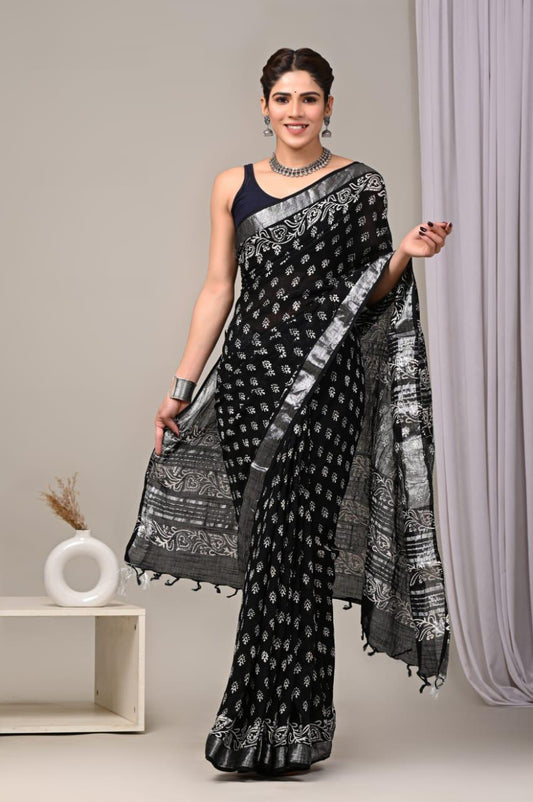 Hand Block Printed Linen Saree With Unstitched Blouse (SWSRLIL01)