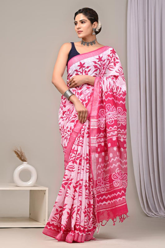 Hand Block Printed Linen Saree With Unstitched Blouse (SWSRLIL01)