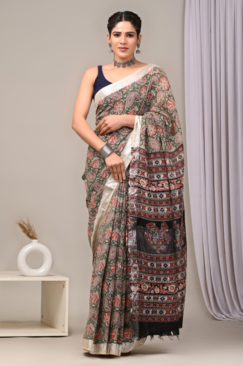 Hand Block Printed Linen Saree With Unstitched Blouse (SWSRLIL01)