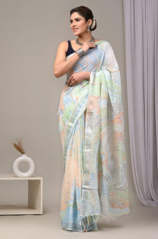 Hand Block Printed Linen Saree With Unstitched Blouse (SWSRLIL01)