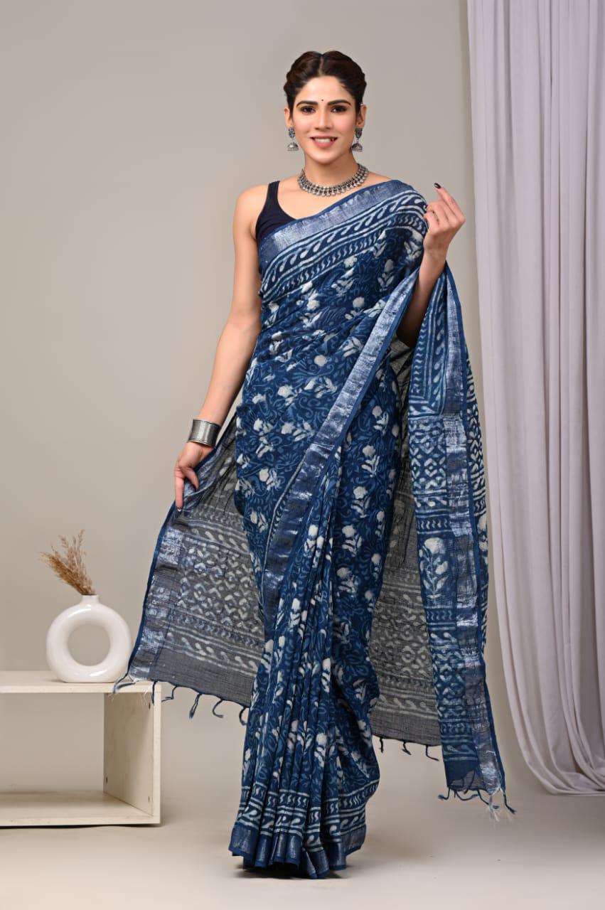 Hand Block Printed Linen Saree With Unstitched Blouse (SWSRLIL01)