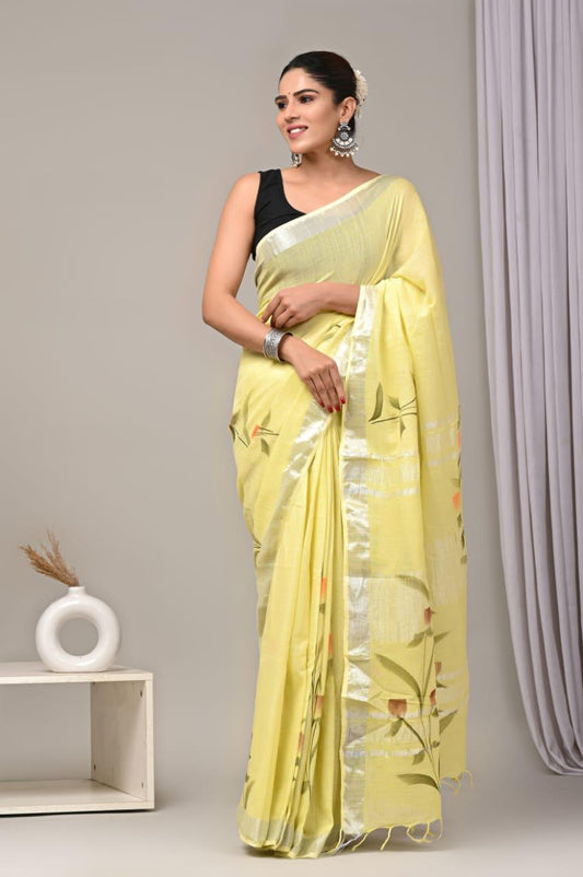 Hand Block Printed Linen Saree With Unstitched Blouse (SWSRLIL01)