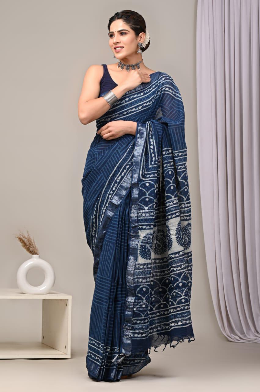 Hand Block Printed Linen Saree With Unstitched Blouse (SWSRLIL01)