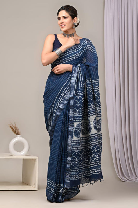 Hand Block Printed Linen Saree With Unstitched Blouse (SWSRLIL01)