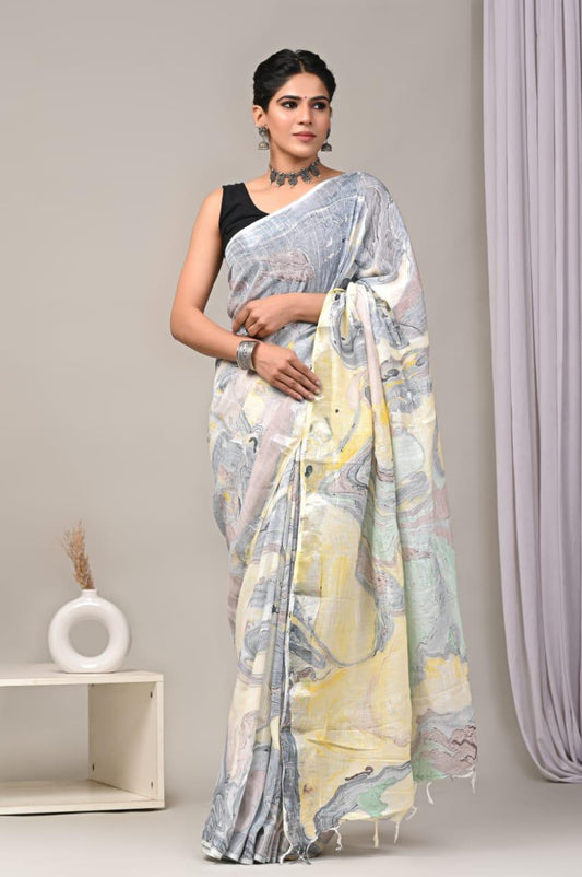 Hand Block Printed Linen Saree With Unstitched Blouse (SWSRLIL01)