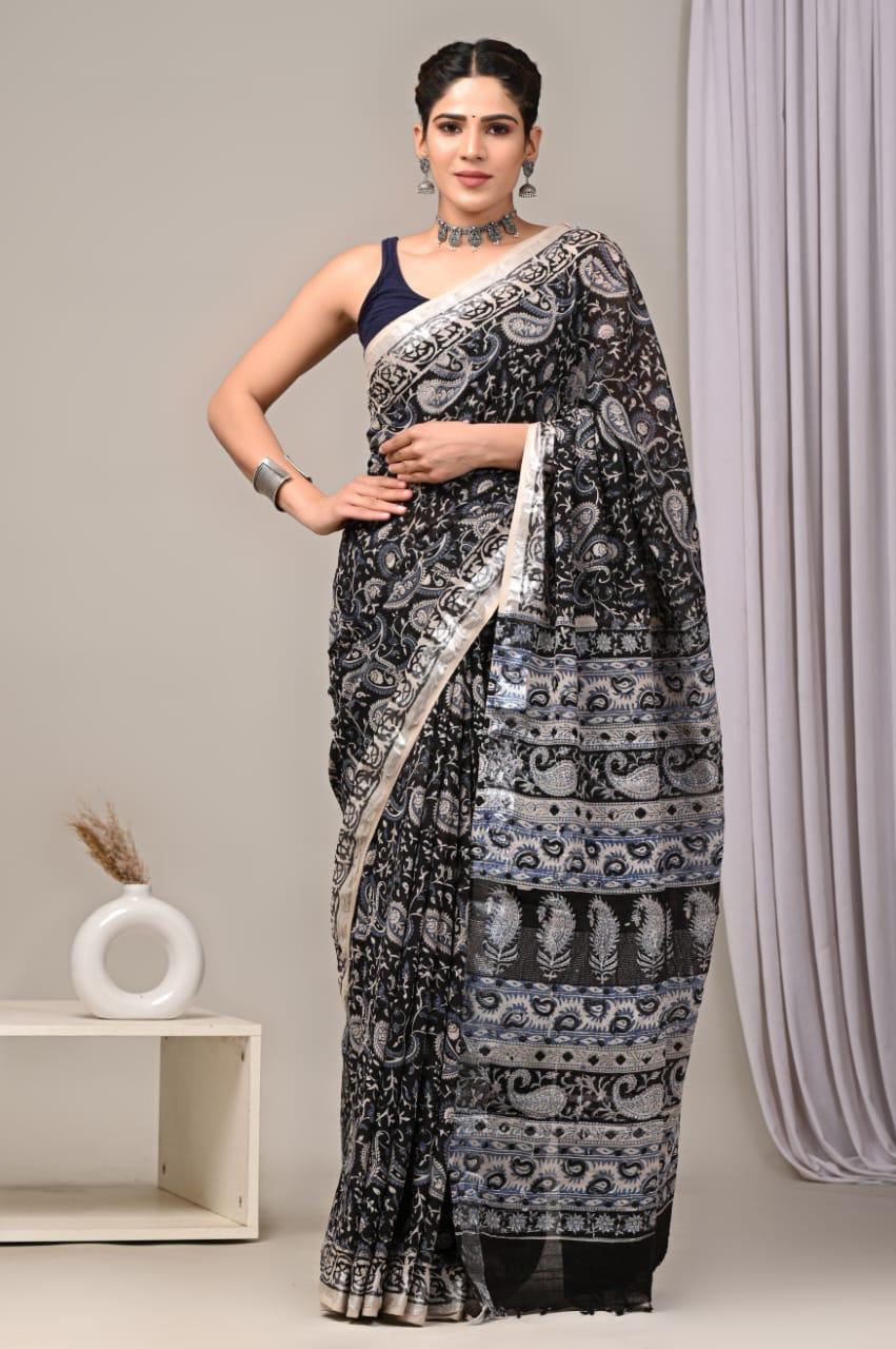 Hand Block Printed Linen Saree With Unstitched Blouse (SWSRLIL01)