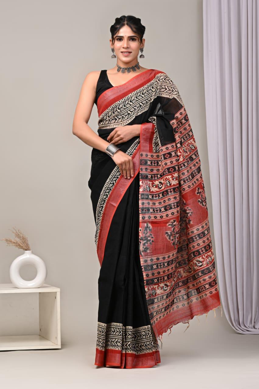 Hand Block Printed Linen Saree With Unstitched Blouse (SWSRLIL01)