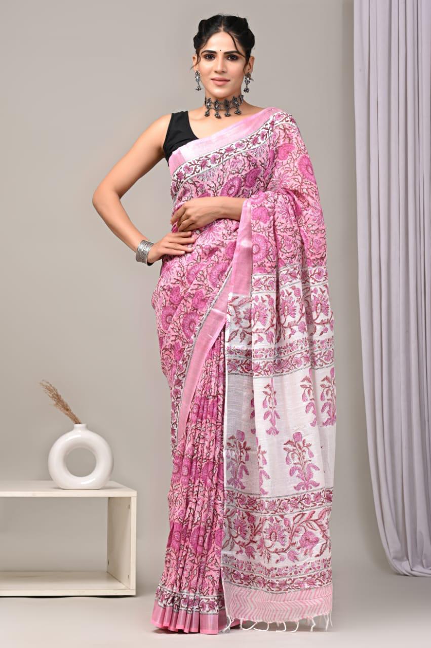 Hand Block Printed Linen Saree With Unstitched Blouse (SWSRLIL01)