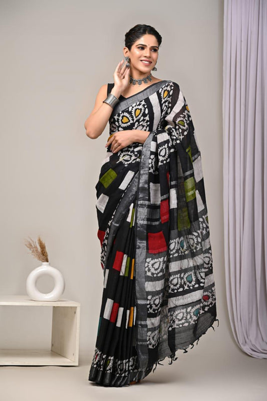 Hand Block Printed Linen Saree With Unstitched Blouse (SWSRLIL01)