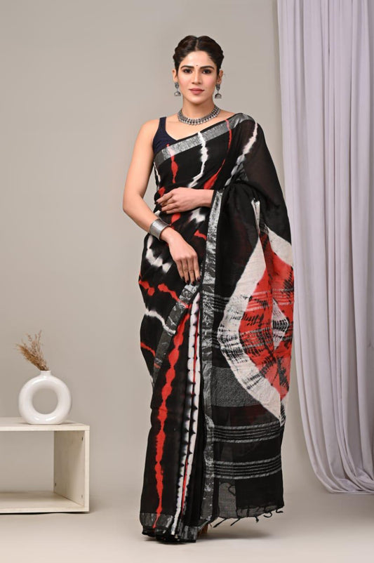 Hand Block Printed Linen Saree With Unstitched Blouse (SWSRLIL01)