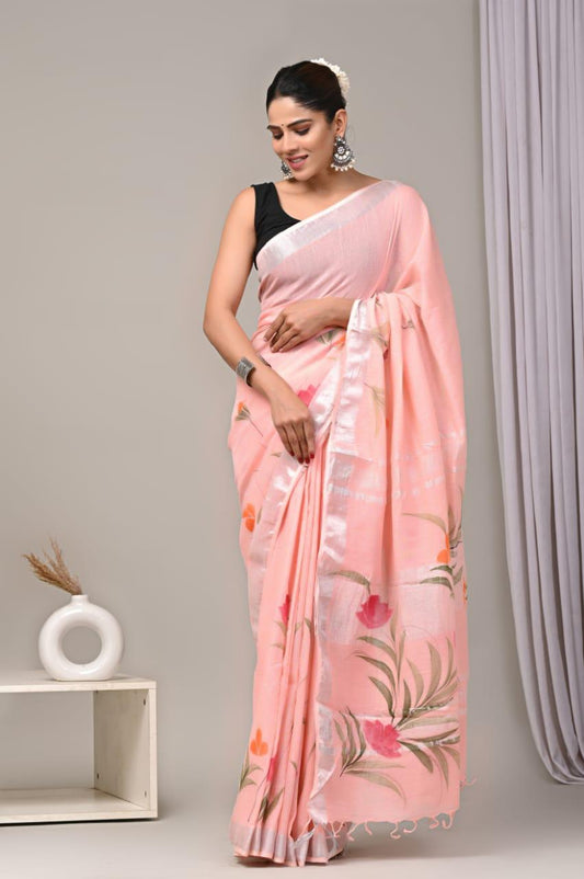 Hand Block Printed Linen Saree With Unstitched Blouse (SWSRLIL01)