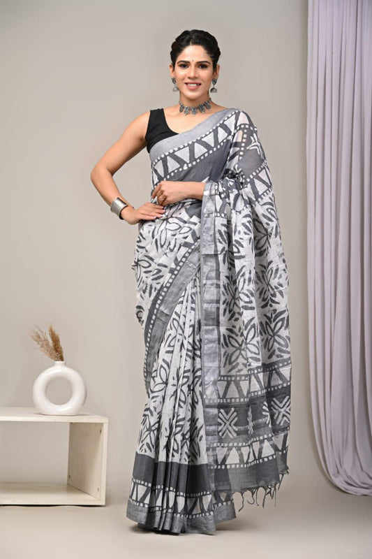 Hand Block Printed Linen Saree With Unstitched Blouse (SWSRLIL01)