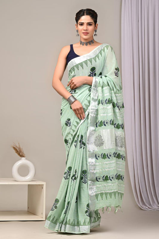 Hand Block Printed Linen Saree With Unstitched Blouse (SWSRLIL01)