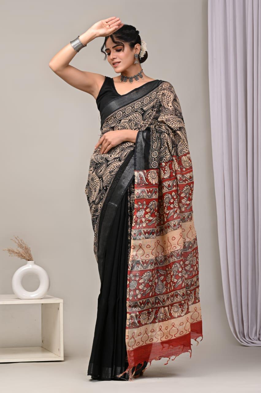 Hand Block Printed Linen Saree With Unstitched Blouse (SWSRLIL01)