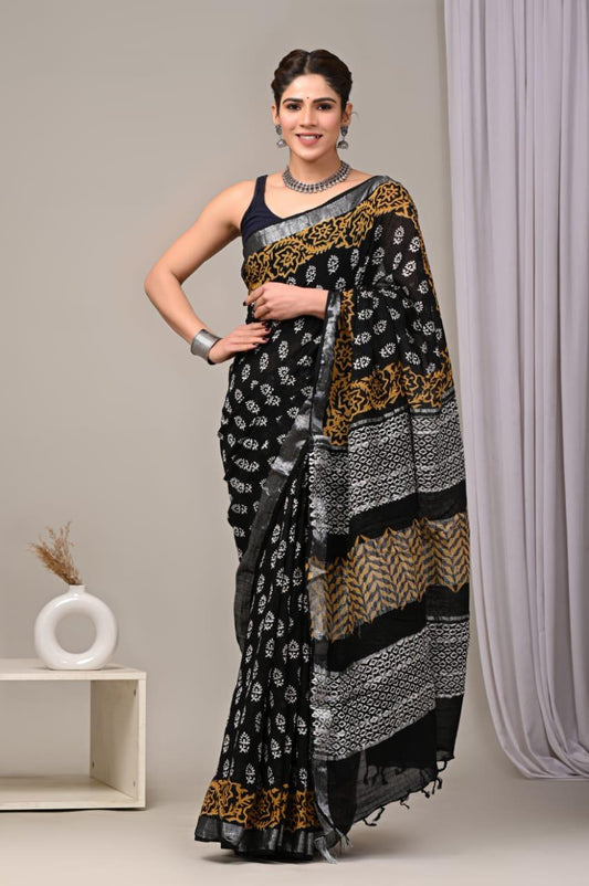 Hand Block Printed Linen Saree With Unstitched Blouse (SWSRLIL01)