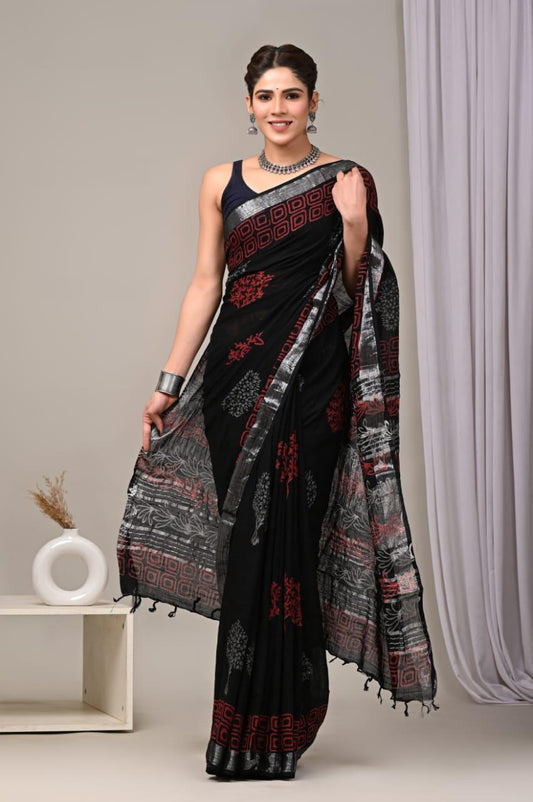 Hand Block Printed Linen Saree With Unstitched Blouse (SWSRLIL01)