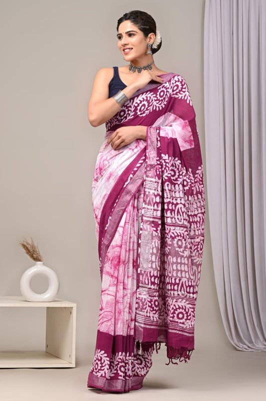 Hand Block Printed Linen Saree With Unstitched Blouse (SWSRLIL01)