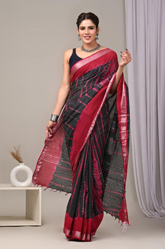 Hand Block Printed Linen Saree With Unstitched Blouse (SWSRLIL01)