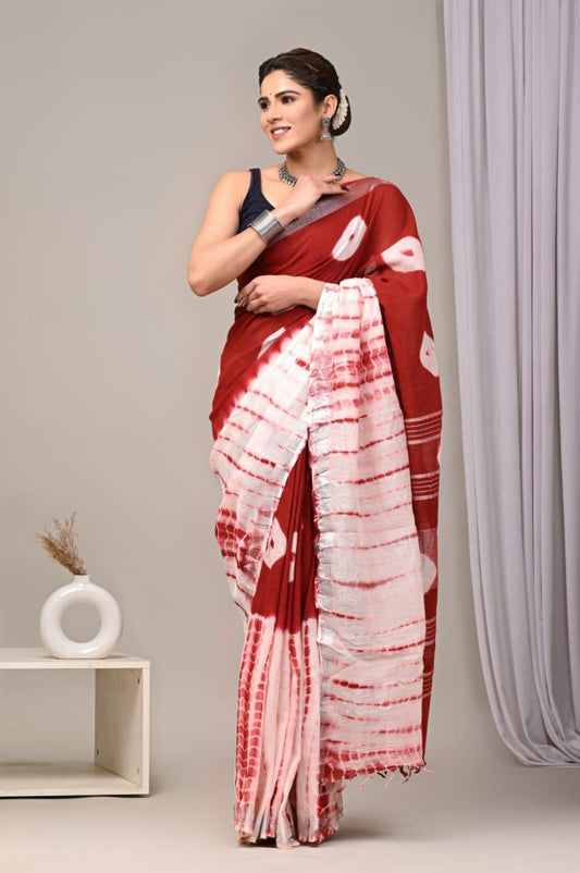 Hand Block Printed Linen Saree With Unstitched Blouse (SWSRLIL01)