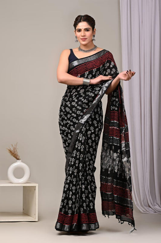 Hand Block Printed Linen Saree With Unstitched Blouse (SWSRLIL01)