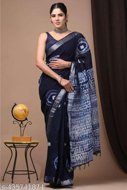 Hand Block Printed Linen Saree With Unstitched Blouse (SWSRLIL01)