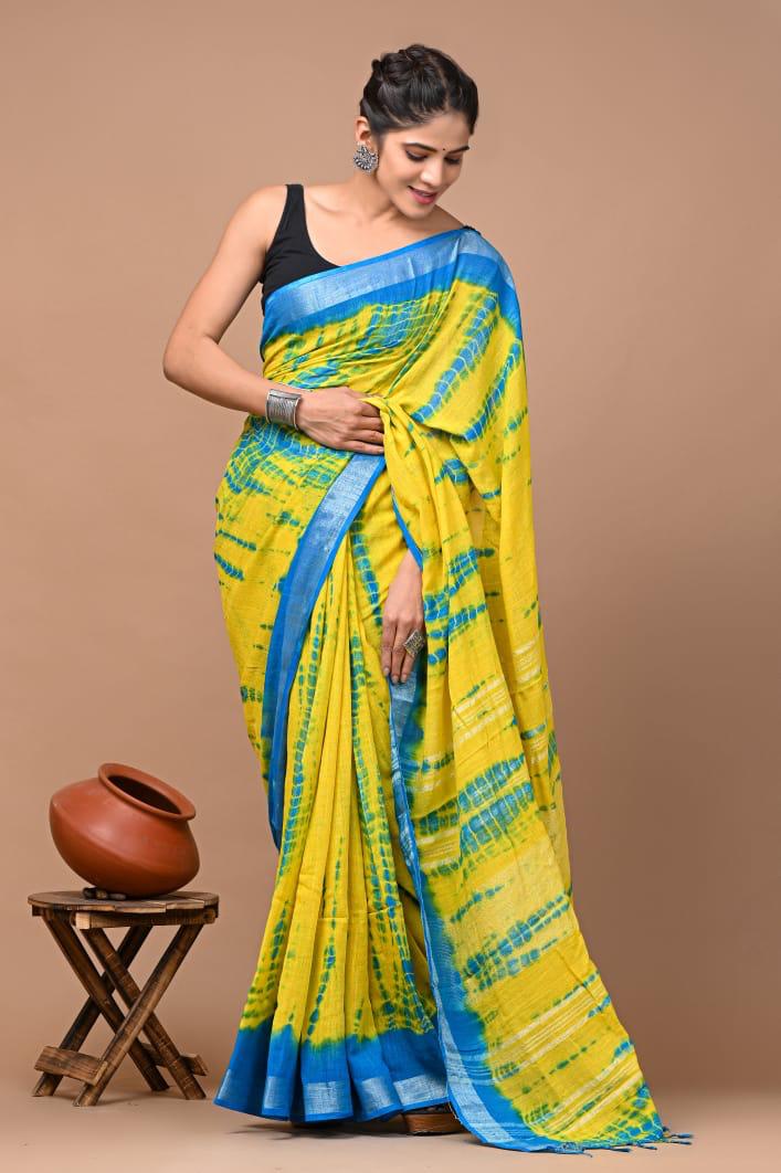 Hand Block Printed Linen Saree With Unstitched Blouse (SWSRLIL01)