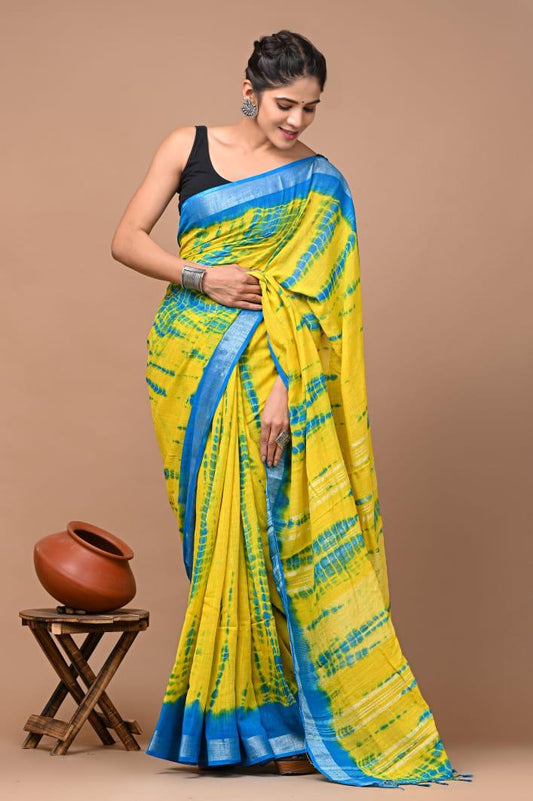 Hand Block Printed Linen Saree With Unstitched Blouse (SWSRLIL01)