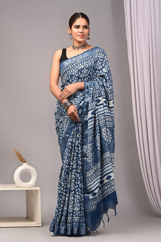 Hand Block Printed Linen Saree With Unstitched Blouse (SWSRLIL01)