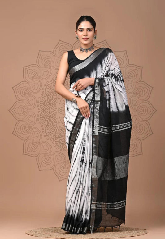 Hand Block Printed Linen Saree With Unstitched Blouse (SWSRLIL02)