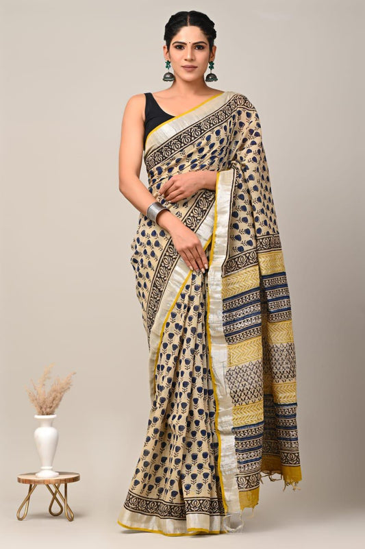 Hand Block Printed Linen Saree With Unstitched Blouse (SWSRLIL03)