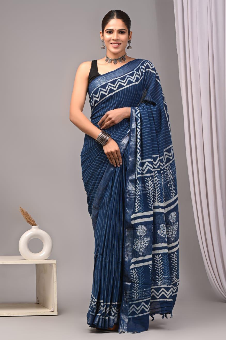 Hand Block Printed Linen Saree With Unstitched Blouse (SWSRLIL04)