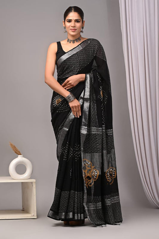 Hand Block Printed Linen Saree With Unstitched Blouse (SWSRLIL05)