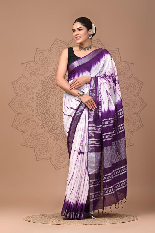 Hand Block Printed Linen Saree With Unstitched Blouse (SWSRLIL06)