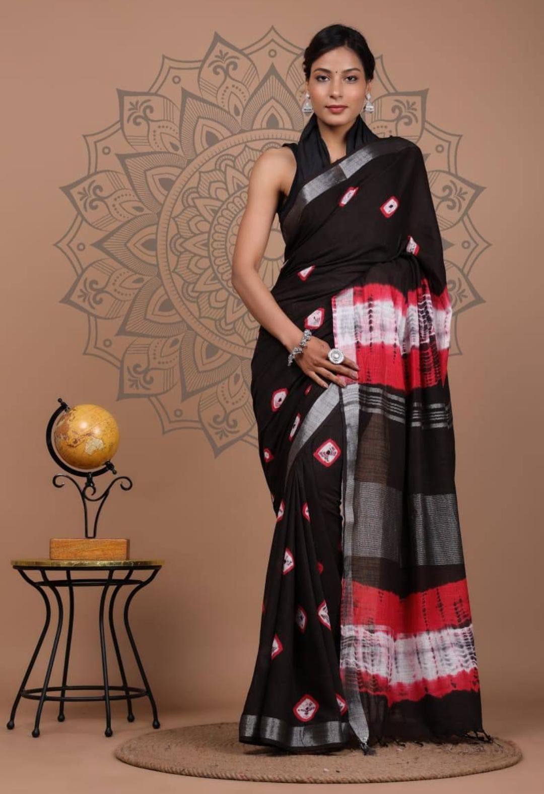 Hand Block Printed Linen Saree With Unstitched Blouse (SWSRLIL07)