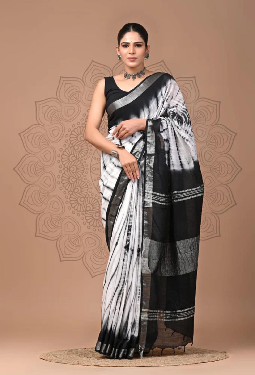 Hand Block Printed Linen Saree With Unstitched Blouse (SWSRLIL10)