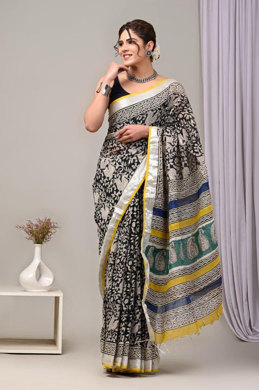 Hand Block Printed Linen Saree With Unstitched Blouse (SWSRLIL13)