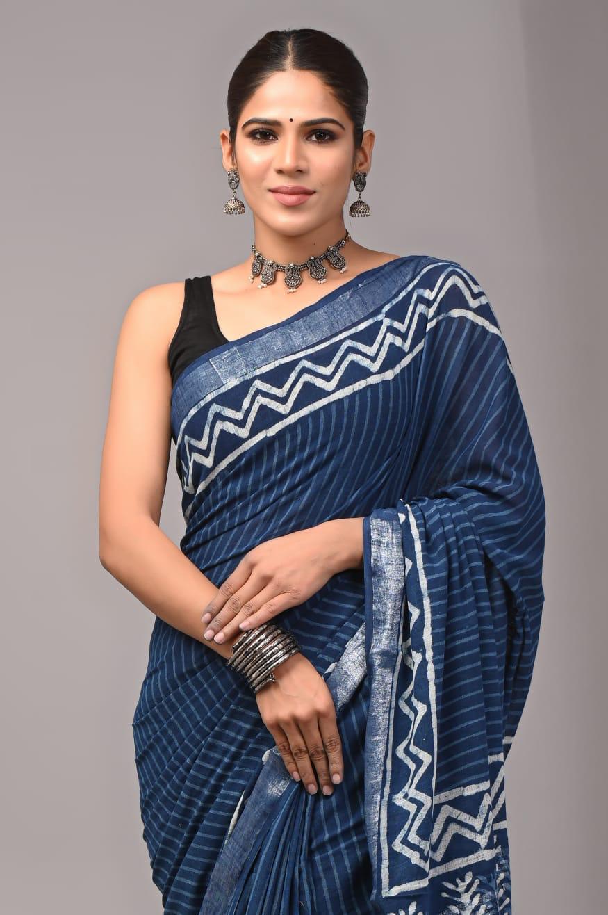 Hand Block Printed Linen Saree With Unstitched Blouse (SWSRLIL01)