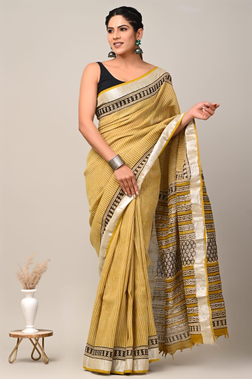 Hand Block Printed Linen Saree With Unstitched Blouse (SWSRLIL14)