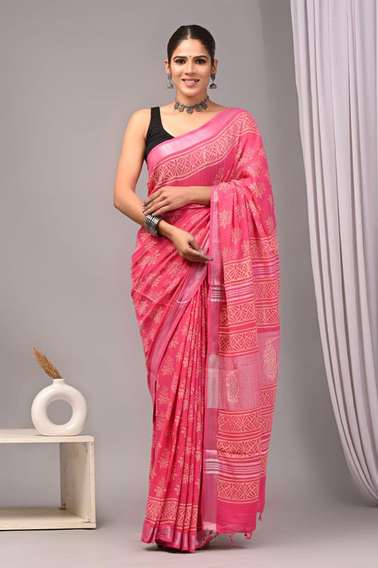 Hand Block Printed Linen Saree With Unstitched Blouse (SWSRLIL15)