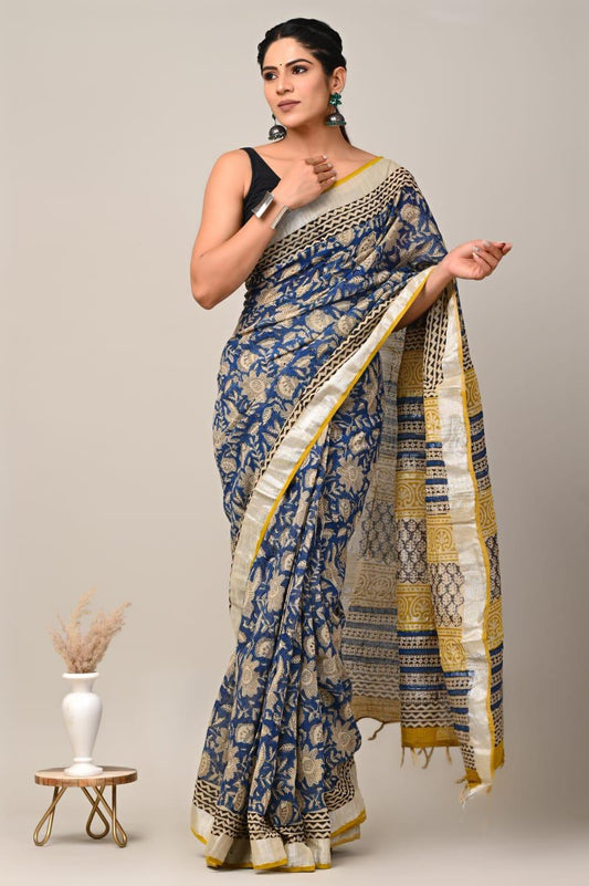 Hand Block Printed Linen Saree With Unstitched Blouse (SWSRLIL16)