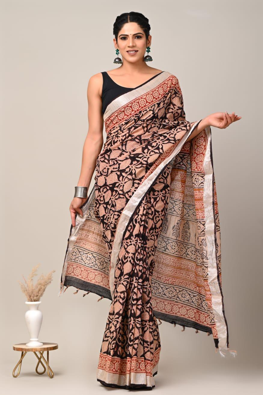 Hand Block Printed Linen Saree With Unstitched Blouse (SWSRLIL17)