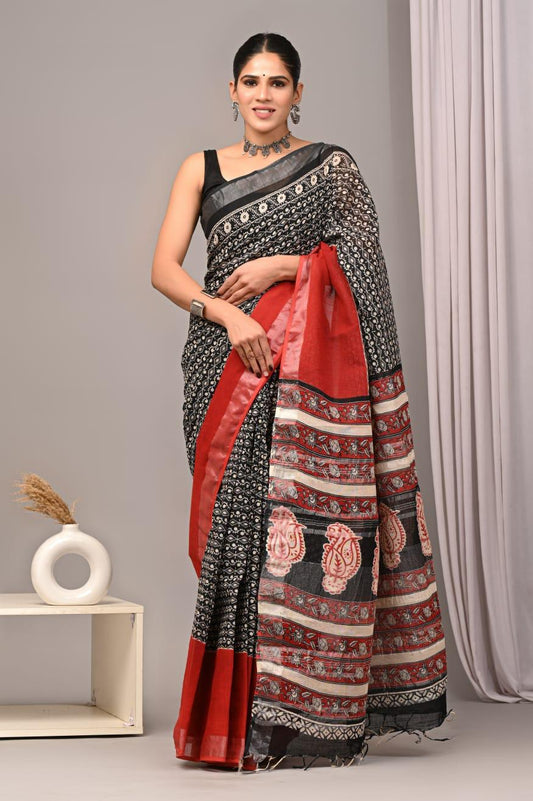 Hand Block Printed Linen Saree With Unstitched Blouse (SWSRLIL19)