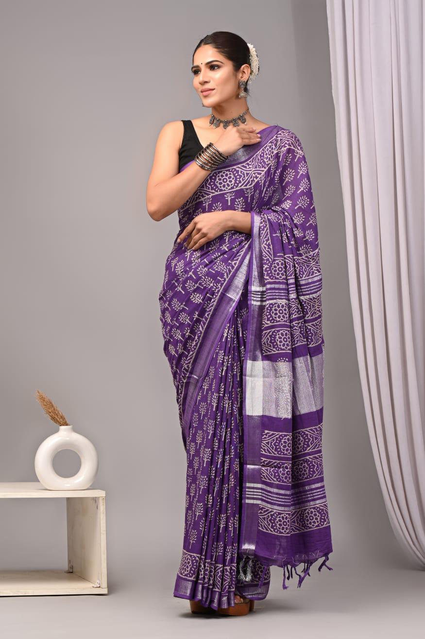 Hand Block Printed Linen Saree With Unstitched Blouse (SWSRLIL20)