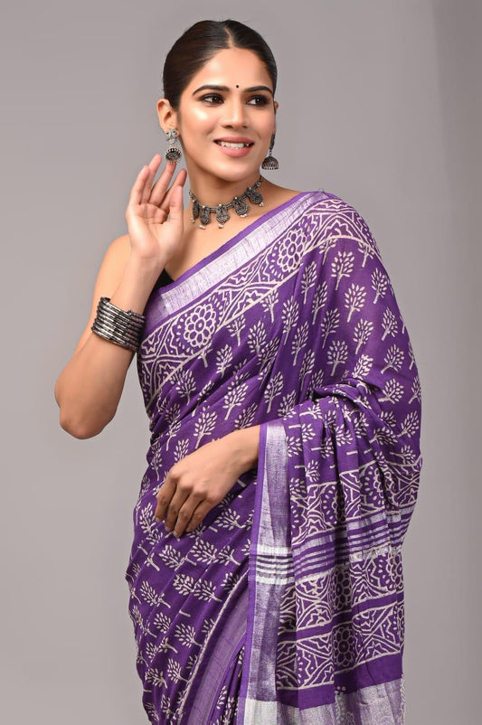 Hand Block Printed Linen Saree With Unstitched Blouse (SWSRLIL01)