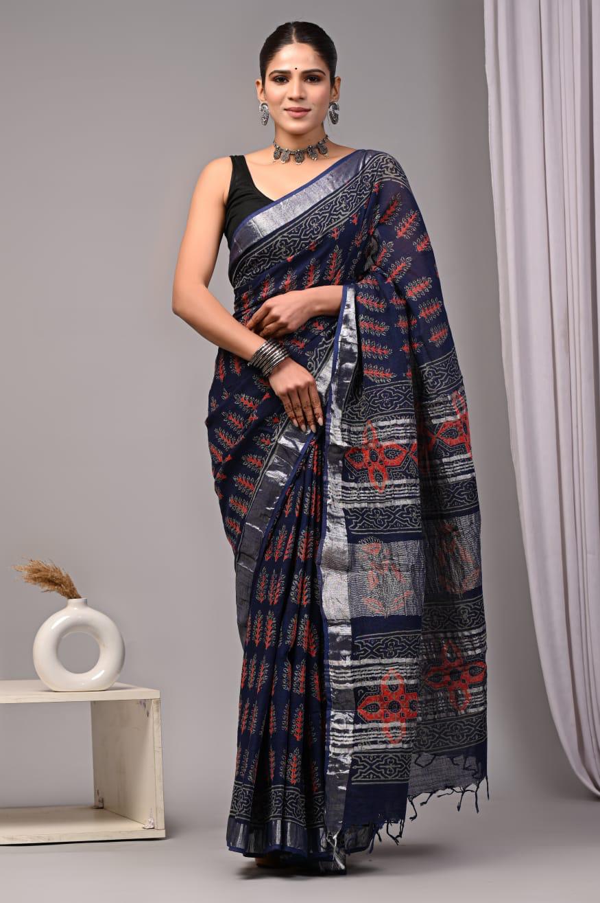 Hand Block Printed Linen Saree With Unstitched Blouse (SWSRLIL21)