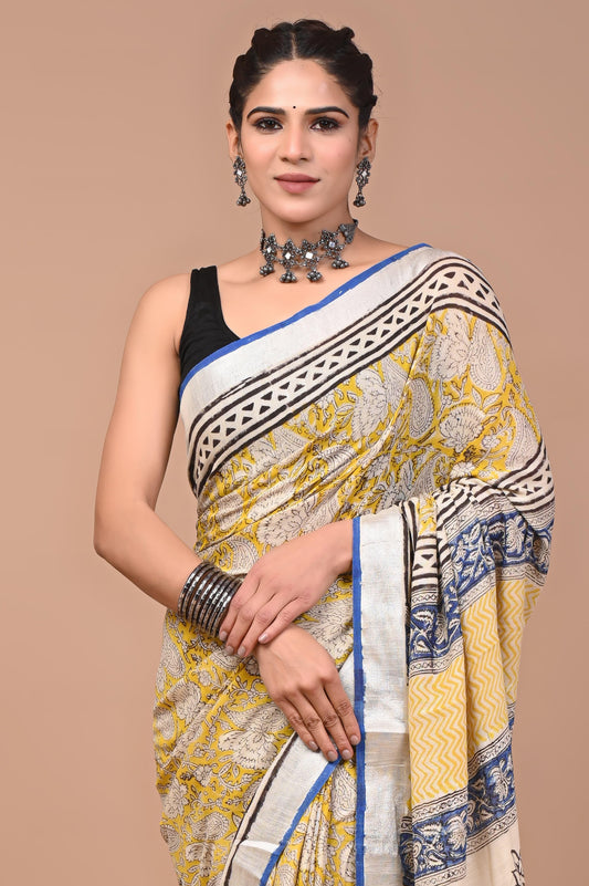 Hand Block Printed Linen Saree With Unstitched Blouse (SWSRLIL01)