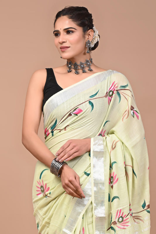 Hand Block Printed Linen Saree With Unstitched Blouse (SWSRLIL01)